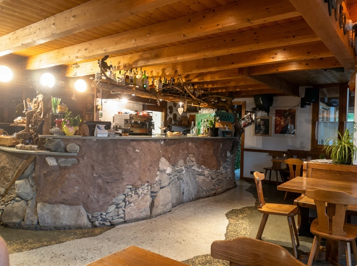 Bancone bar in legno e pietra all'interno del ristorante La Sorgente